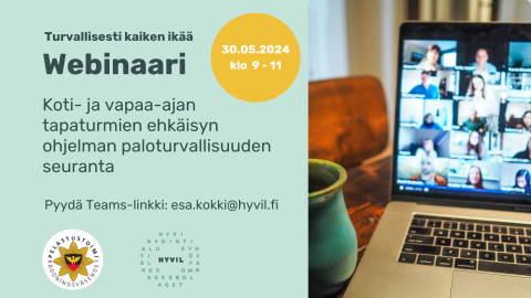 Kuvassa webinaarin mainostekstiä ja valokuva kahvikupista ja kannettavasta tietokoneesta.